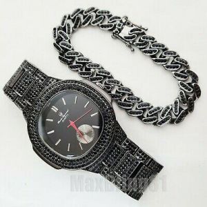 Golden Elegance MEN&#039;S HIP HOP MICRO PAVE BLACK METAL BLING WATCH & ICED CUBAN BRACELET GIFT SET
