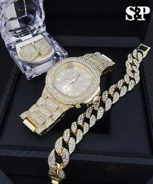 Golden Elegance MEN&#039;S HIP HOP QUAVO GOLD PT LUXURY WATCH & ICED CUBAN BRACELET & EARRINGS SET