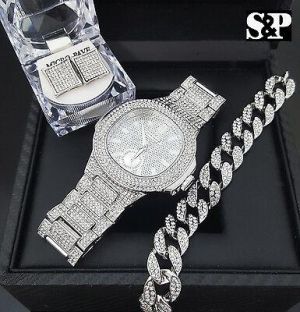 Golden Elegance MEN&#039;S HIP HOP QUAVO SILVER PT LUXURY WATCH & ICED CUBAN BRACELET & EARRINGS SET