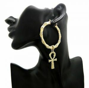 Women&#039;s Fashion Gold PT Ankh Cross Dangling Pincatch Hoop Bamboo Bling Earrings