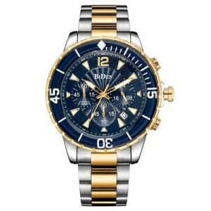 Golden Elegance Biden Chronograph Watch Men's Business Quartz Wristwatch Steel Bracelet Strap