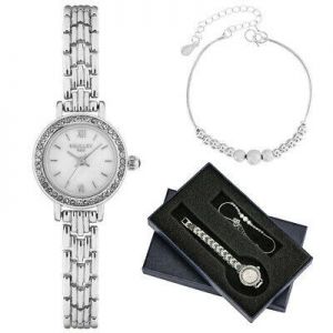 Minimalist Women&#039;s Watch Set Silver Quartz Wristwatch with Cuff Bangle Chain Box
