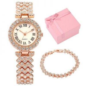 Luxury Crystal Watch Women&#039;s Quartz Wristwatch with Cuff Bracelet Gift Set Box