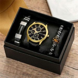 Golden Elegance Creative Mens Watch Set Quartz Analog Wristwatch with 2pcs/set Cuff Bracelet Box