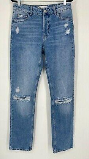 Zara Slim Straight Leg Jeans Size 6 High Rise Distressed Button Fly Denim Blue