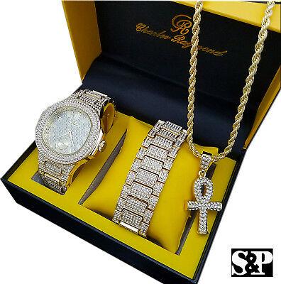 Golden Elegance ICED HIP HOP GOLD PT WATCH & ICED ANKH CROSS NECKLACE & BRACELET COMBO SET