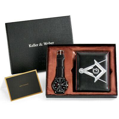 Golden Elegance Fashion Masonic Men's Leather Wallet with Deco Dial Quartz Wristwatch Gift Set